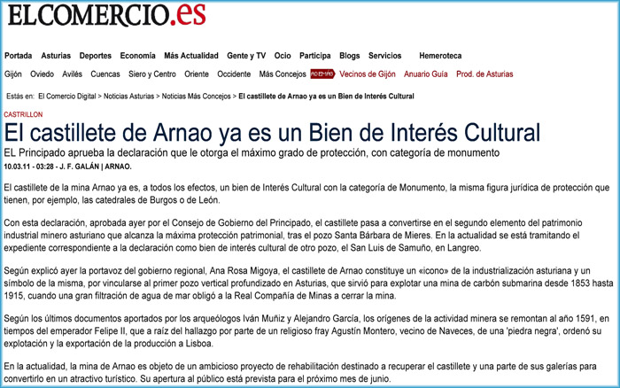 Art�culo de El Comercio sobre la declaraci�n del Castillete de Arnao como Bien de Inter�s Cultural