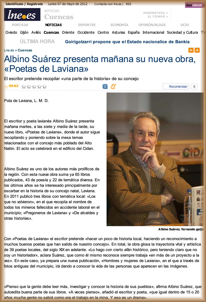 Art�culo sobre el libro de Albino Su�rez, Poetas de Laviana