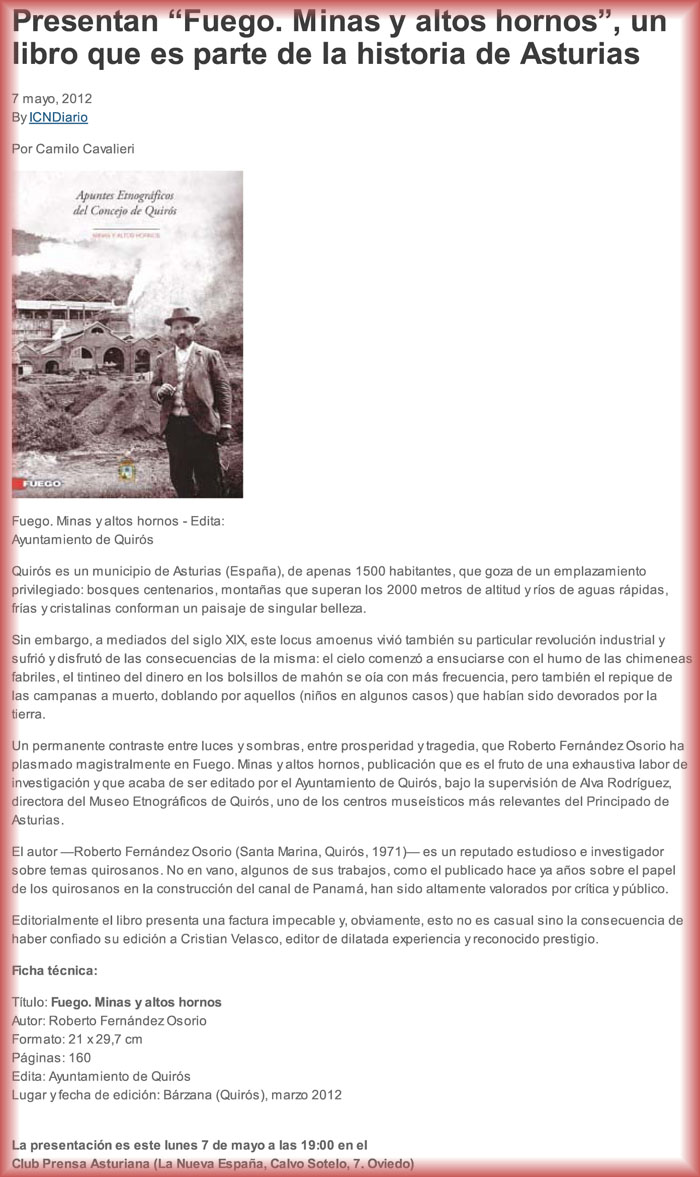 Art�culo sobre el libro de Roberto Fern�ndez Osorio, Fuego, minas y altos hornos de Quir�s