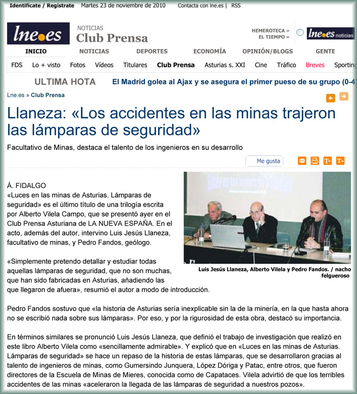 Art�culo de la Nueva Espa�a sobre el libro "Luces en las minas de Asturias. L�mparas de seguridad" de Alberto Vilela