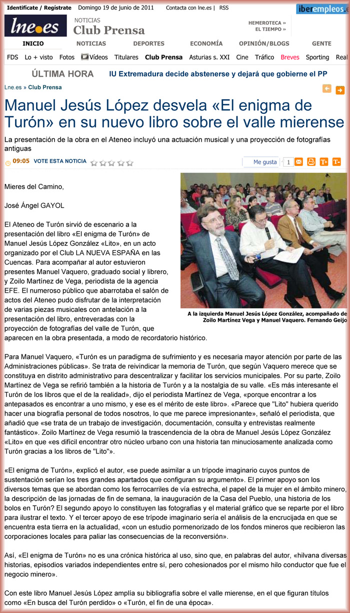 Art�culo en La Nueva Espa�a: Manuel Jes�s L�pez desvela El enigma de Tur�n en su nuevo libro sobre el valle mierense