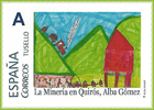 Sello personalizado de GRUCOMI en B�rzana de Quir�s con dibujo de Alba G�mez sobre la miner�a en el concejo