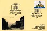 Tarjeta del Matasellos del Centenario de la Biblioteca "Vital Aza" de Mieres.