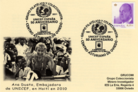 Tarjeta con el Matasellos de homenaje al 50 aniversario de UNICEF España durante la X EXFICO-CAO
