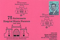 Tarjeta del matasellos del 75 aniversario del Hospital Monte Naranco durante la EXFICO del Centro Asturiano de Oviedo