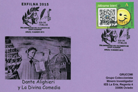 Tarjeta del matasellos de Dante en el D�a de Italia de la EXFILNA 2015 de Avil�s