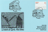 Tarjeta del Matasellos de GRUCOMI en B�rzana de Quir�s. La locomotora FM-102 "La Quir�s" saliendo del cargadero de Santa Marina.