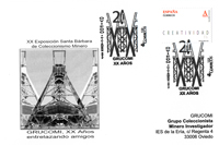 Tarjeta del Matasellos de la XX Exposici�n de Coleccionismo Minero "Santa B�rbara" de GRUCOMI, homenajeando nuestros 20 a�os de asociaci�n