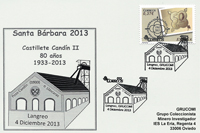 Tarjeta del Matasellos de la XVI Exposici�n de Coleccionismo minero "Santa B�rbara" de GRUCOMI, homenaje al 80 aniversario del Castillete del Pozo Cand�n II, Ll�scares. Langreo.