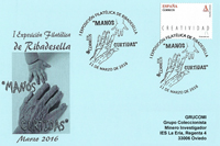 Tarjeta del Matasellos de la FASFIL en Ribadesella, dedicado al galard�n Manos Curtidas de la Tertulia Garabato