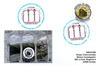 Tarjeta del Matasellos de Presentaci�n del sello de la Hoja Bloque de los Monumentos de Oviedo y el Reino de Asturias Patrimonio de la Humanidad y la moneda dedicada a Santa Mar�a del Naranco