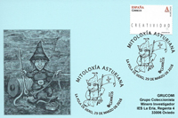 Tarjeta del Matasellos de la XXXVII Semana del Folclore Astur de Pola de Siero, del G.F.I. El Ventol�n, con tem�tica mitol�gica