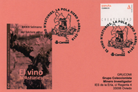 Tarjeta del Matasellos de la 39 Semana del Folclore Astur en Pola de Siero, organizada por El Ventol�n con el vino asturiano de motivo