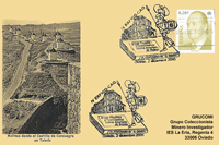 Tarjeta del Matasellos del IV Centenario de El Quijote en la IV Exposición filatélica del Centro Asturiano de Oviedo