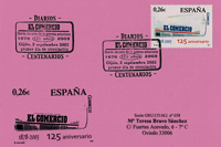 Tarjeta del matasellos de Primer Día del sello del 125 Aniversario de El Comercio