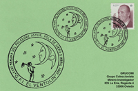 Tarjeta del Matasellos dedicado la XXIII Semana del Folclore Astur del Grupo folclórico y de investigación El Ventolín de Siero dedicada a la relación entre la luna y la cultura humana.