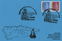 Tarjeta del matasellos de la visita de la Santina a Mieres